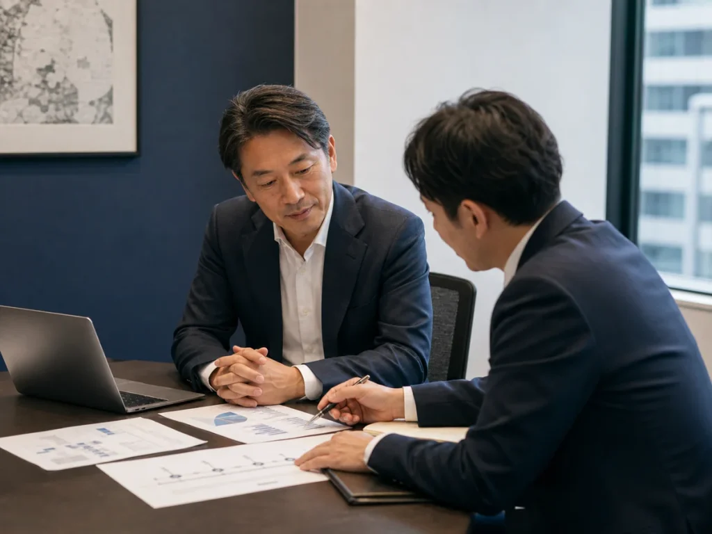 会社譲渡の進め方を資料で確認する経営者とアドバイザー
