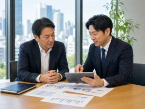 候補先企業の整理についてタブレットで確認する経営者とアドバイザー